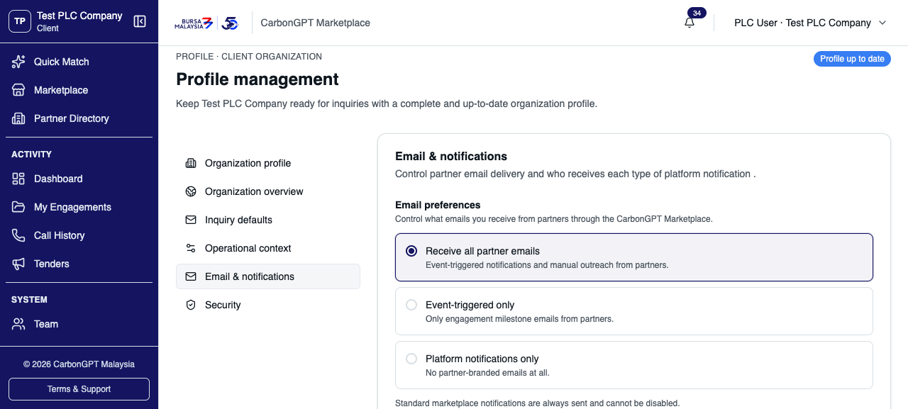 Three levels are available — receive all partner emails, event-triggered only, or platform notifications only. Standard marketplace notifications are always sent and cannot be disabled.