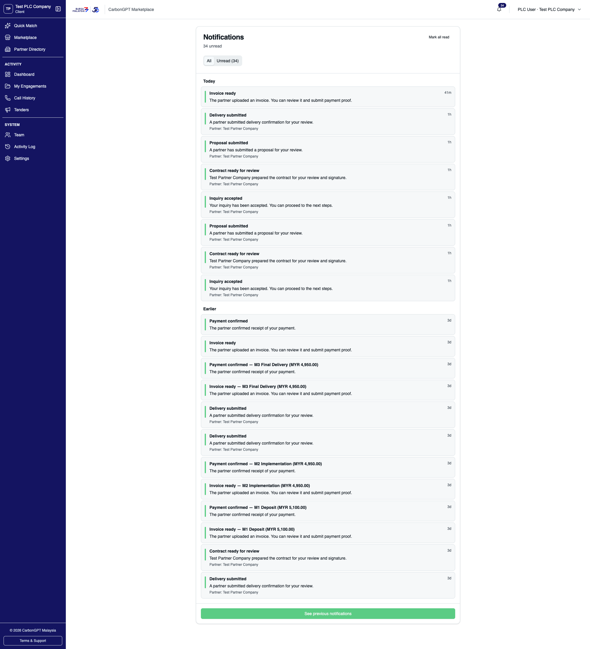 Notifications are split into Today and Earlier sections, each entry showing a title, message, and a partner name where relevant. A mark-all-read action sits at the top, and a button at the bottom loads older notifications.